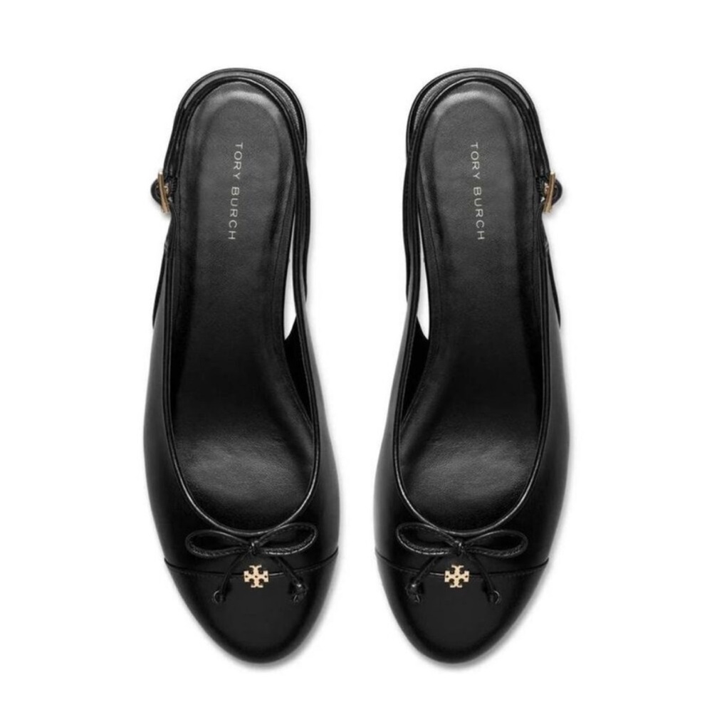 Tory Burch Cap-Toe Leather Black Slingback Flats